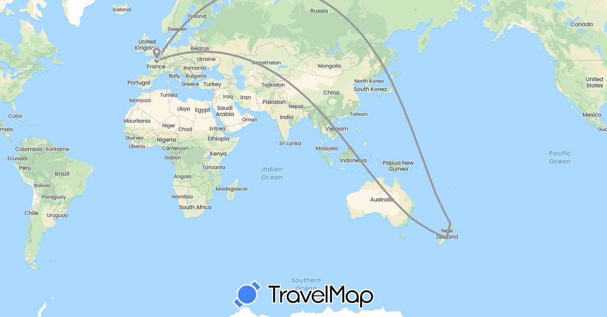 TravelMap itinerary: driving, plane in Australia, France, New Caledonia, New Zealand (Europe, Oceania)
